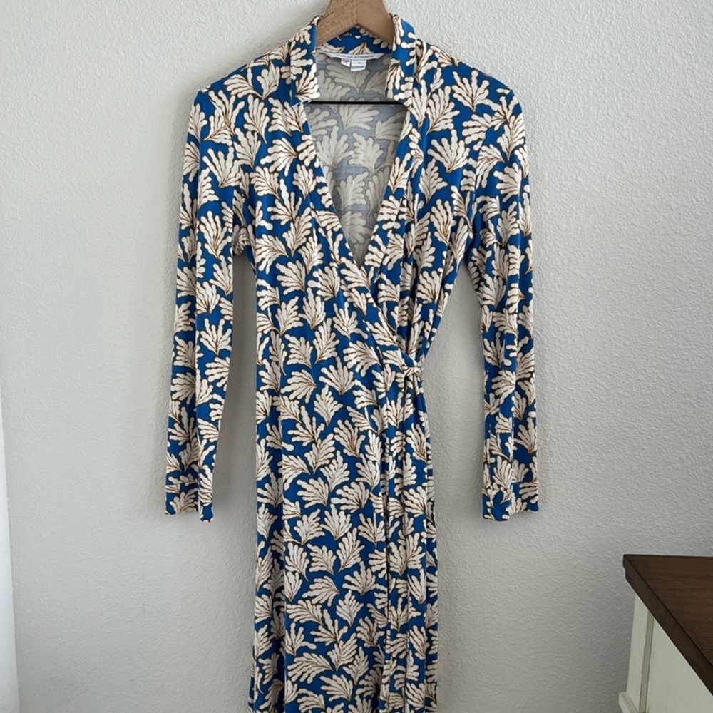 Diane Von Furstenberg Jeanne Two Wrap Dress Silk Jersey Coral Leaves 10